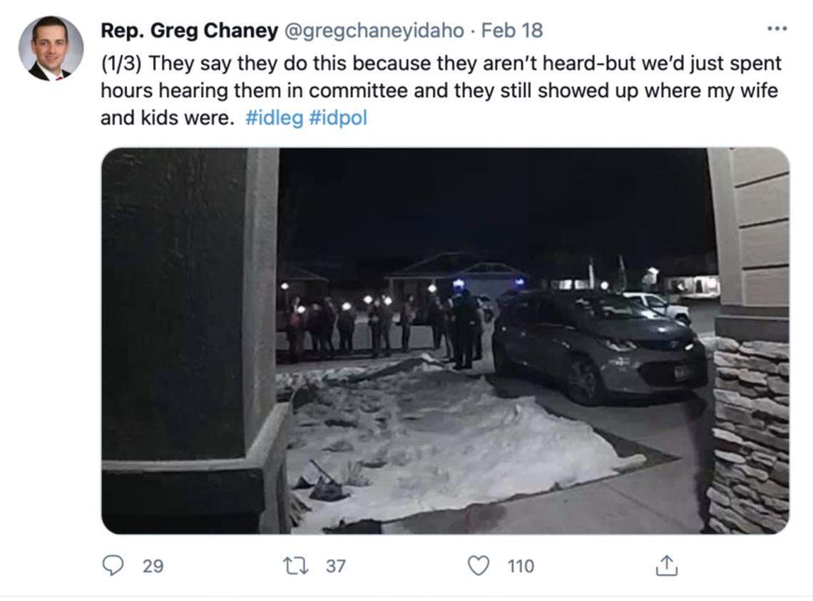 A screenshot of Rep. Greg Chaney’s tweet, posted the morning after protesters visited his family home.