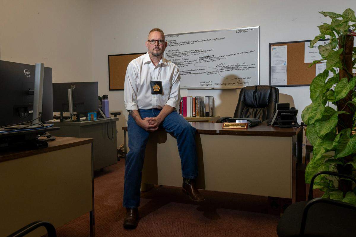 Jimmy Roberts, Bingham County coroner, in his office in Blackfoot.