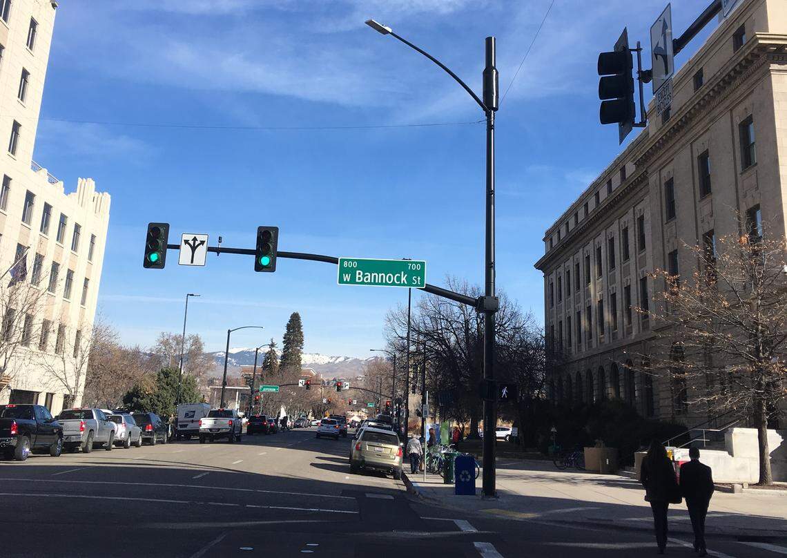 A small-cell canister is attached to the top of a light pole at the intersection of 8th and West Bannock streets in Downtown Boise.