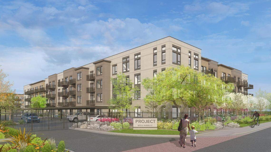 This southwest-facing rendering shows the first building along Marigold Street.