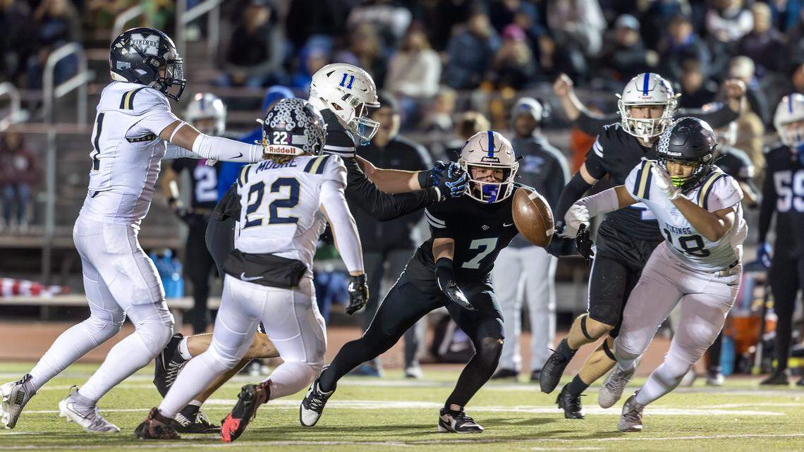 Timberline junior defensive back Karl Fransen recovers the ball during their game against Middleton in the 6A football state quarterfinals, held at Dona Larsen Park, Friday, Nov. 7, 2025.