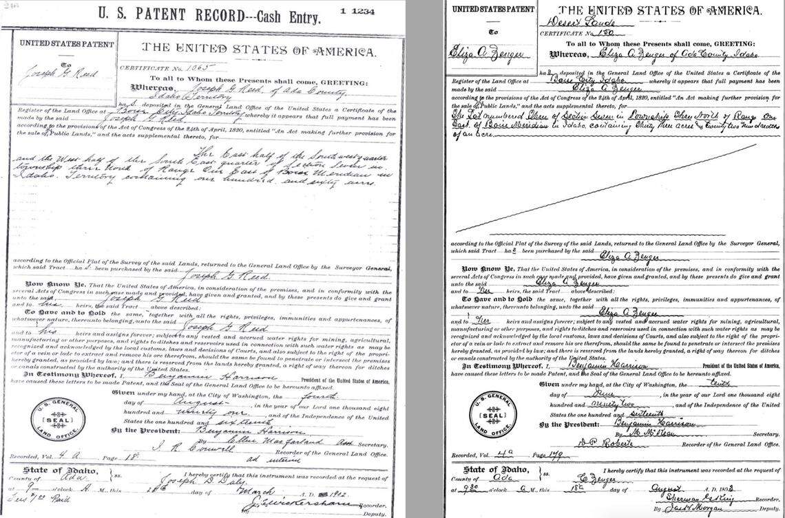 Joseph Reed and Eliza Zenger, two of Meridian’s earliest settlers, bought the Union Pacific land from the United States government in the 1890s. Their patents were signed by President Benjamin Harrison.