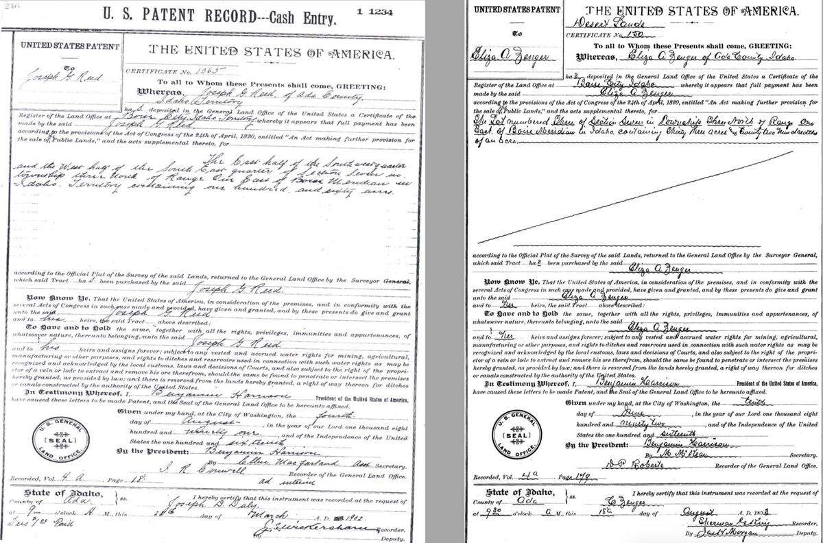 Joseph Reed and Eliza Zenger, two of Meridian’s earliest settlers, bought the Union Pacific land from the United States government in the 1890s. Their patents were signed by President Benjamin Harrison.