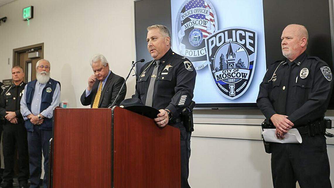 Idaho State Police Col. Kedrick Wills, center, director of the agency, speaks during a press conference about the University of Idaho student homicides on Nov. 16, 2022. He is joined (from left to right) by Latah County Sheriff Richie Skiles, Latah County Prosecutor Bill Thompson, University of Idaho President Scott Green and Moscow Police Chief James Fry. Suspect Bryan Kohberger’s capital murder trial is scheduled for this summer in Boise.
