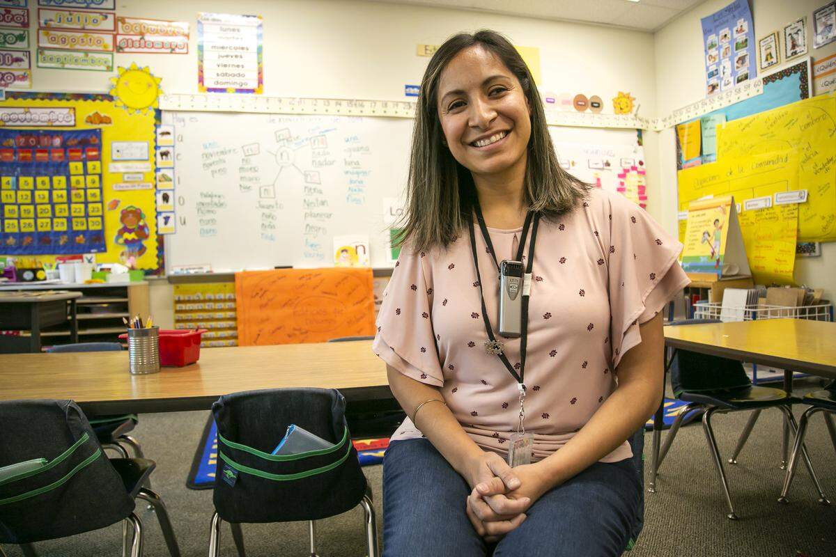 Alturas Elementary teacher Deiysi Paredes-Monjaras sits in her first grade classroom in Hailey on Friday, Nov. 15, 2019. Paredes-Monjaras teaches in Spanish at the school’s dual immersion program.