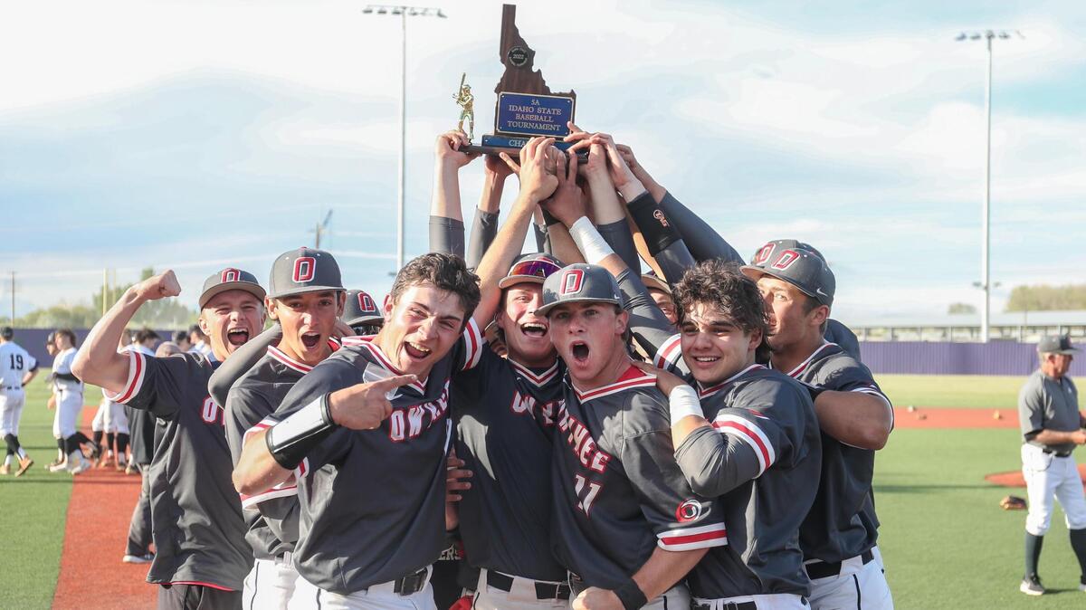 Owyhee celebrates the first-year program’s state championship after beating Rocky Mountain 6-0 on Saturday at Wolfe Field in Caldwell.