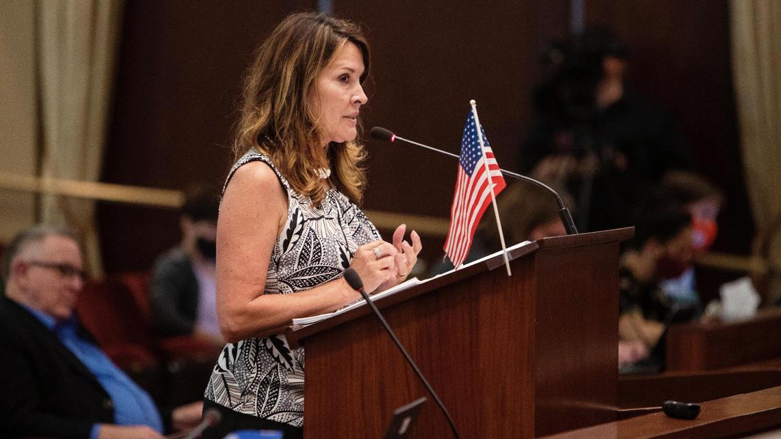 Lt. Gov. Janice McGeachin speaks during an education task force meeting at the Capitol in July. McGeachin on Thursday gave a press conference related to an Idaho Press Club lawsuit over task force records.
