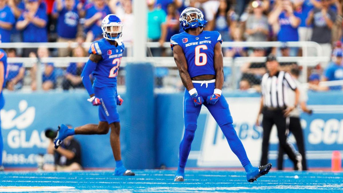 Boise State cornerback Jaylen Clark screams midfield after the Bronco defense stopped UCF on 4th down in the red zone, Saturday, Sept. 9, 2023.