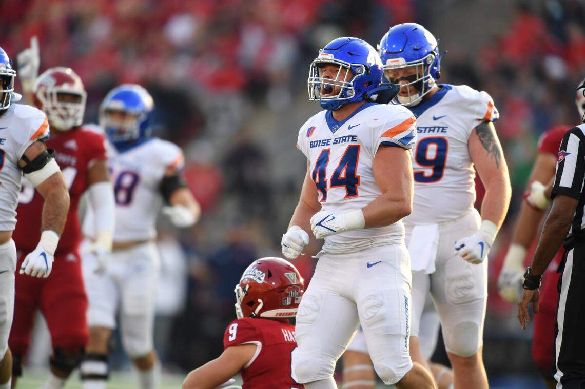 Boise State linebacker Riley Whimpey reacts after getting one of the team’s five sacks in a win over Fresno State on Saturday.