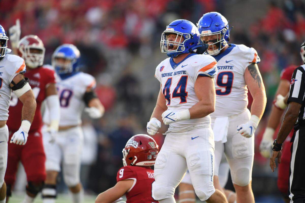 Boise State linebacker Riley Whimpey reacts after getting one of the team’s five sacks in a win at Fresno State earlier this season.