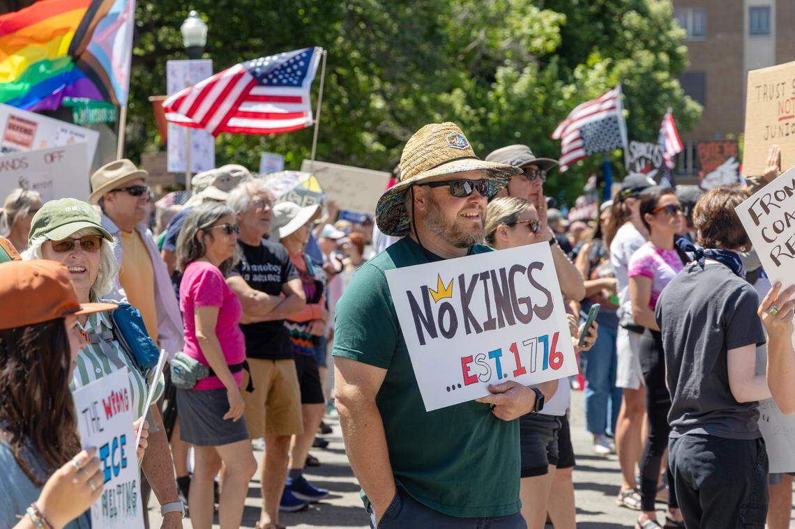 Thousands of protesters gathered outside of the Idaho Capitol Building in Boise Saturday, June 14, 2025 as part of the national “No Kings” protests against President Donald Trump and his administration.