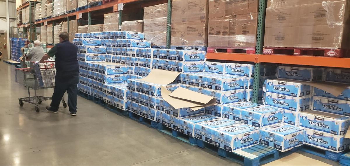 Costco had a large supply of toilet paper and paper towels at its Boise warehouse on Tuesday. Two days earlier, the space was empty, as customers have begun hoarding paper products again.