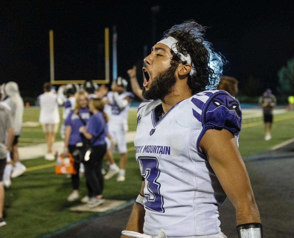 Rocky Mountain’s Daniel Juarez III celebrates after his team’s win 48-28 over Eagle on Friday.