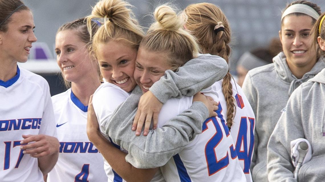 Aubree Chatterton, left, and McKenna Kynett celebrate Boise State’s 6-0 win over New Mexico in a Mountain West Tournament semifinal on Thursday, Nov. 7, 2019, at Boas Soccer Complex.