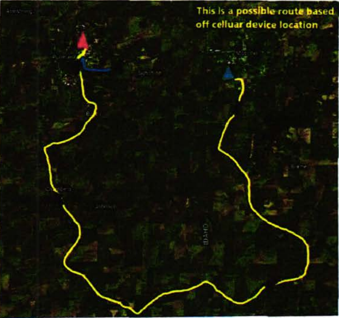 Based of cellular device data, this is a possible route Bryan Kohberger took when returning from Moscow to Pullman, Washington. According to cellular data, Kohberger traveled south on state highway 95 near Blaine and toward Genesee. Kohberger then likely turned west toward Uniontown, then north toward Pullman at approximately 5:30 a.m.