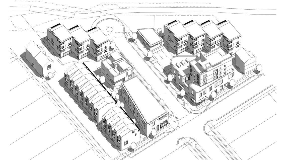 A proposed development on 34th Street in Garden City from Carr Street to the Boise River would include a boutique hotel, townhouses and commercial development. 34th Street is shown in the middle of the drawing; the cul-de-sac includes a circle at the top near the Greenbelt. At the bottom, Carr Street is perpendicular to 34th.
