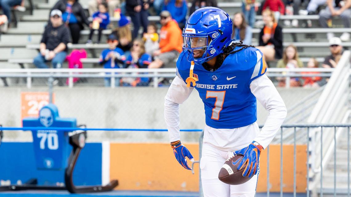 Boise State wide receiver Latrell Caples scores a touchdown during the spring game at Albertsons Stadium, Saturday, April 8, 2023.