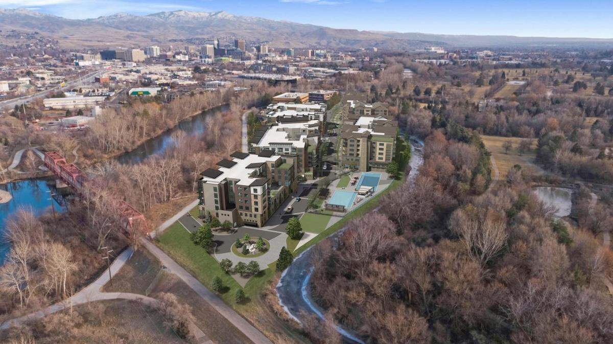 An artist’s rendering shows how the Trapper’s Island condominiums would appear in this view to the east facing Americana Boulevard beyond the condos, with the Boise River at left. An old railroad truss bridge, now used for bicycle and pedestrian traffic is at left near the condo’s western edge. The northern edge of the Bench, where Joe and Jamie Scott live, is at right, outside of this image.