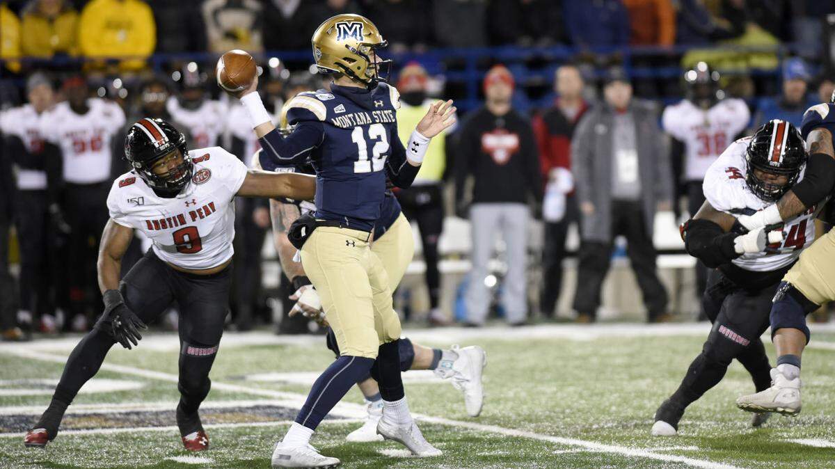Montana State quarterback Tucker Rovig, a graduate of Mountain View High, throws a pass during the FCS quarterfinals against Austin Peay at Bobcat Stadium.