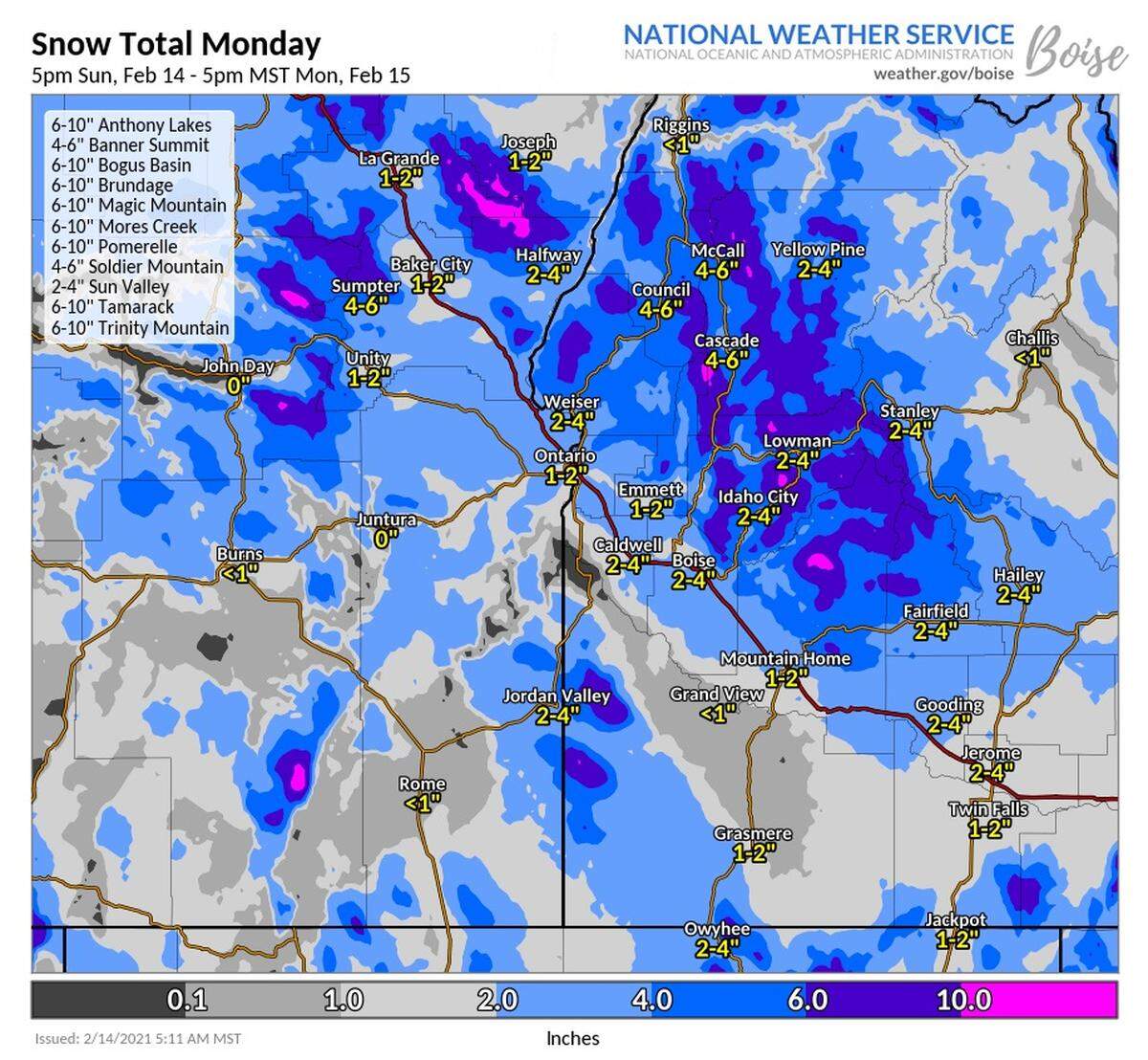 The National Weather Service issued this forecast Sundayi morning of snowfall expected through 5 p.m. Monday from the storm that was expected to reach Boise late Sunday night.
