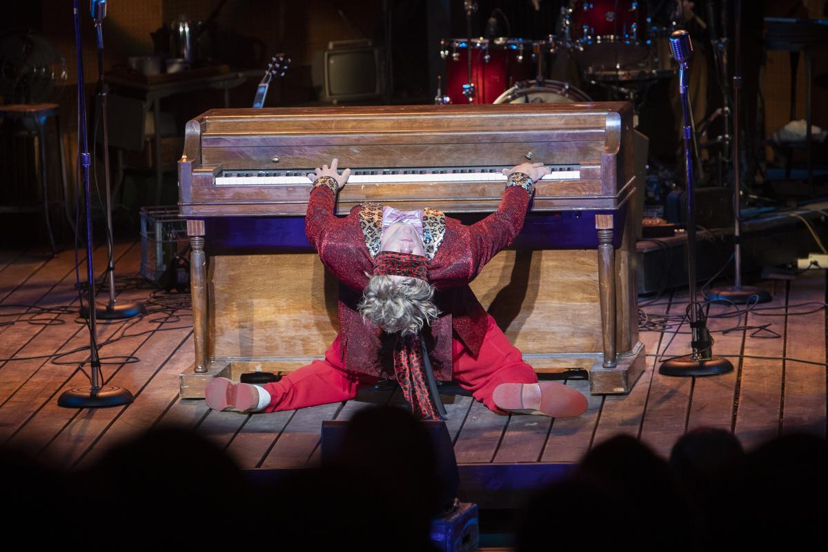 Gabe Aronson gives an phenomenally physical performance as Jerry Lee Lewis in Idaho Shakespeare Festival’s “Million Dollar Quartet.”