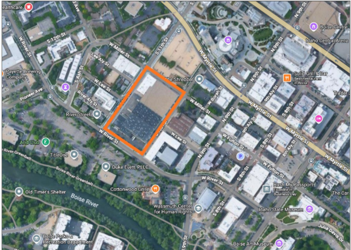 The Greater Boise Auditorium District 4⅛-acre at 1050 W. River Street and 504 S. 11th Street, outlined in orange, sometime this summer or fall.