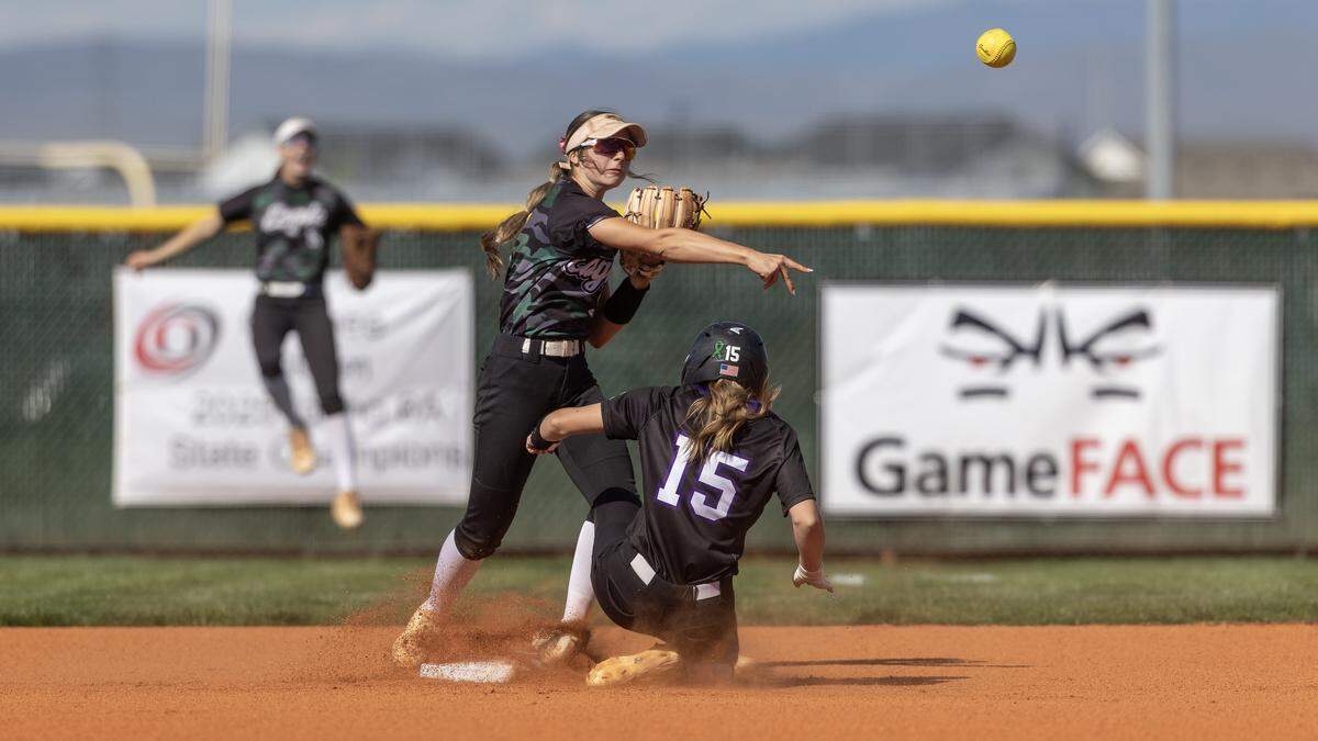 Eagle senior Ellie McManigal outs Rocky Mountain senior Tayler Kloczko at second base in the first inning of their 6A District Three softball tournament semifinals game held at Owyhee, Tuesday, May 5, 2026.