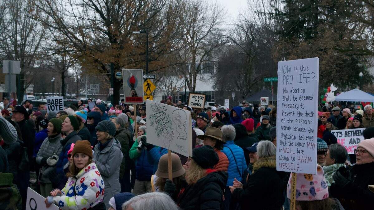 Attendees of the annual Women’s March gathered at the Idaho State Capitol before marching through the streets of downtown Boise in protest of the state’s strict abortion ban.