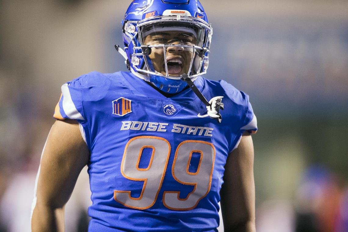 Boise State’s Curtis Weaver gets pumped up for the Broncos’ Mountain West football game against Fresno State on Nov. 9, 2018. Weaver is one of the top returning players in the Mountain West.
