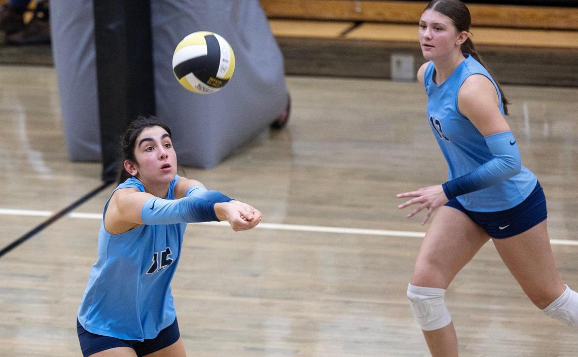 Skyview junior Nina Ferraro digs the ball during their match against Owyhee in the 6A District Three Tournament volleyball championship game at Capital High School.