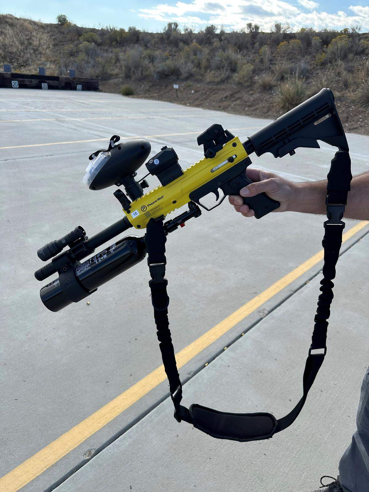 A Boise police officer trains on a PepperBall-branded pepper ball launcher. As of March, the department had 30 people certified to use them.