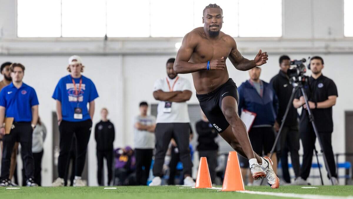Former Boise State cornerback Jeremiah Earby runs drills in front of a group of NFL scouts at Pro Day at the Caven-Williams Sports Complex in Boise, Tuesday, March 24, 2026.