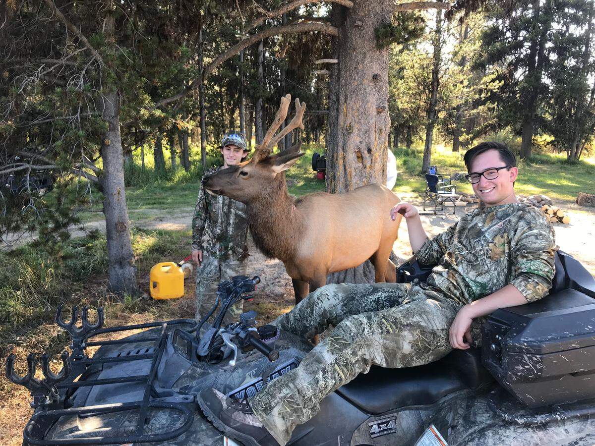 Camden Chadwick, front, and Hunter Chadwick pose with Elliott the elk at their hunting camp in Bear Valley. The elk, which was habituated to humans in Sweet, spent the archery season opening weekend at the Chadwicks’ camp.