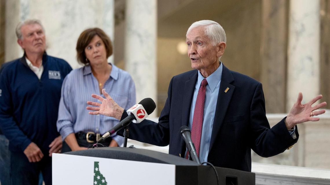Former Idaho Attorney General Jim Jones, an advocate for open primaries in Idaho, gathered a host of former elected officials, including former Gov. C.L. “Butch” Otter and his wife Lori Otter, to at the Statehouse on Sept. 13, 2023.