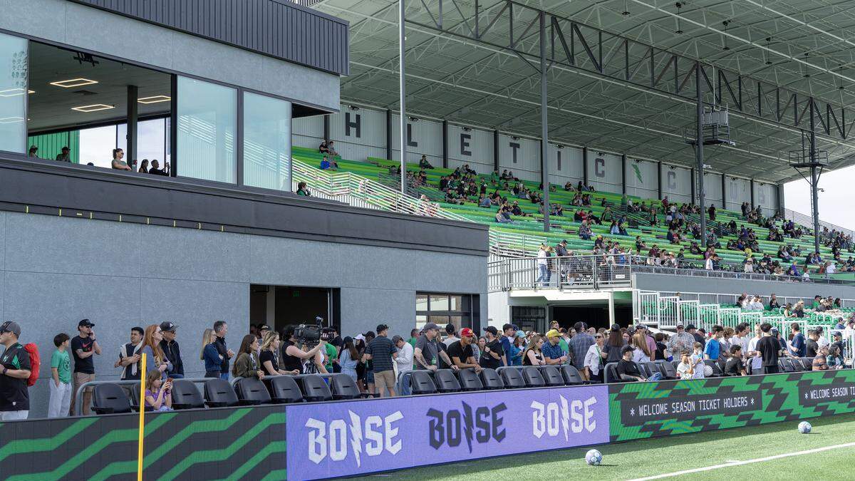 Stadium seating under the shelter and the VIP views from Turf Club are remnants of the former LeBois Racetrack, remodeled as the new home of Athletic Club Boise at Expo Idaho in Garden City, Saturday, March 28, 2026.