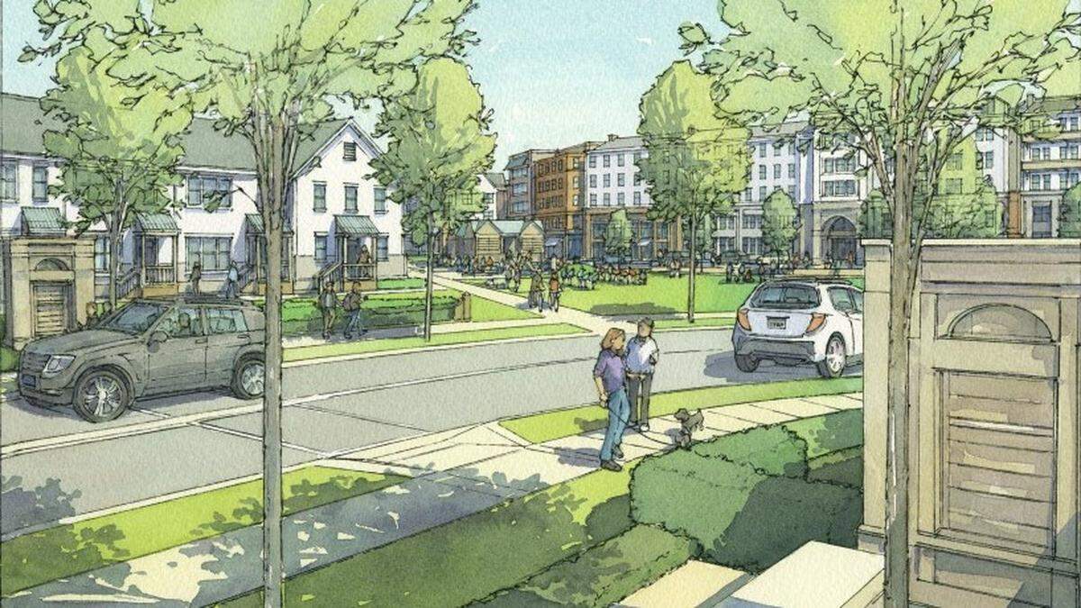 An artist’s rendering of a portion of the planned 892-home Vista Point development at 2017 W. Victory Road, looking southeast from the proposed entry on South Columbus Street.