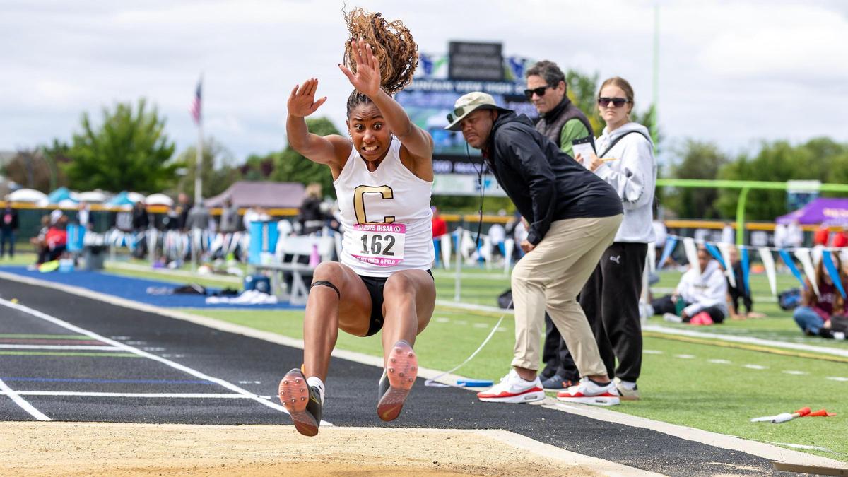 Capital’s Eden Francis won the 6A girls long jump with a distance of 17 feet, 11 inches at the Idaho high school state track and field championships Friday at Mountain View High School.