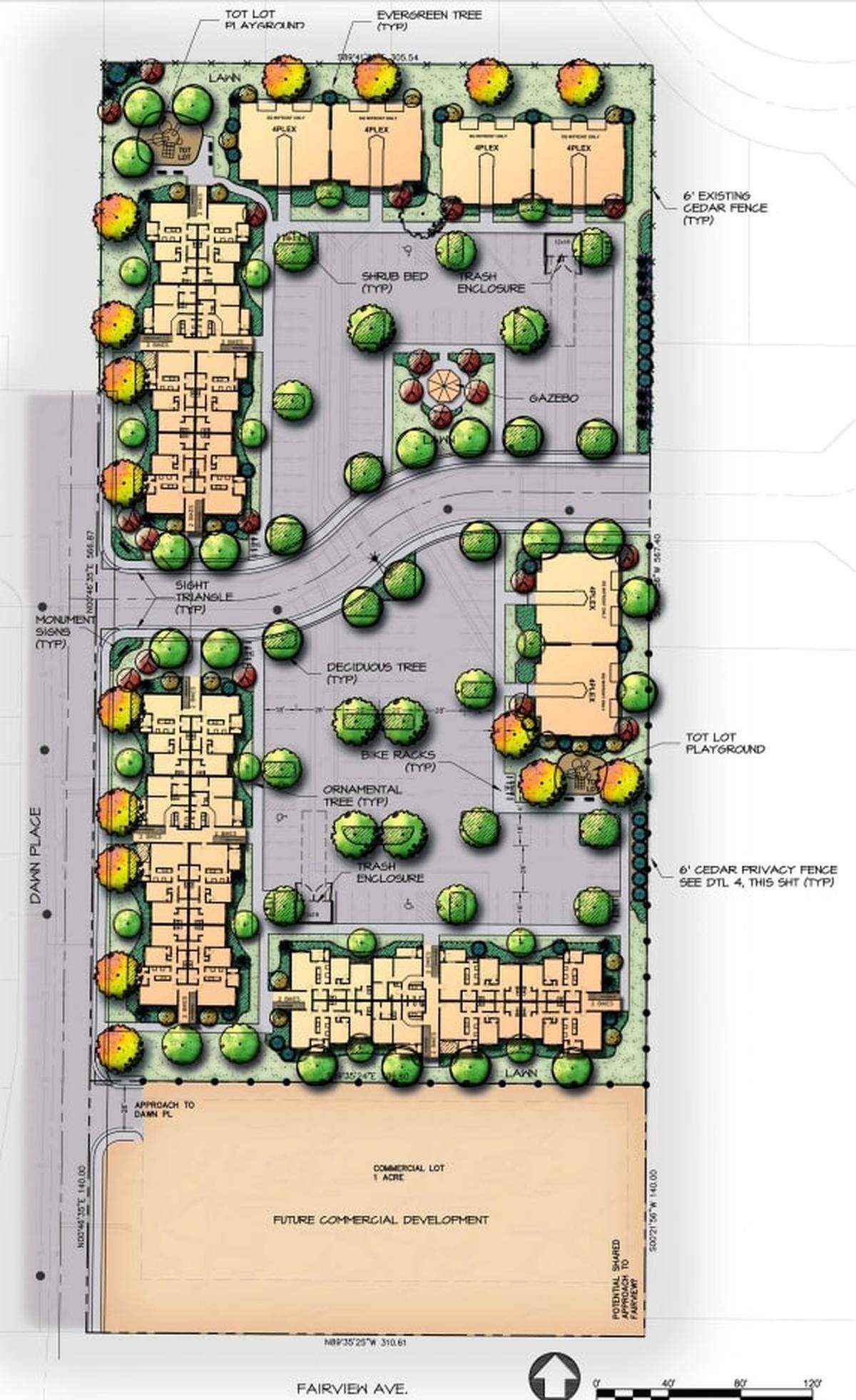 Landscape plan for the apartment complex being constructed at West Fairview Avenue and North Dawn Place. Parking will be located in the center of the property, along with a pocket park.