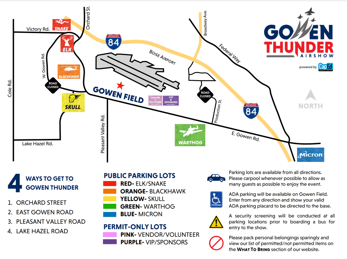 Parking at Gowen Field is unavailable for most, but parking lots and shuttles will be available around the event.