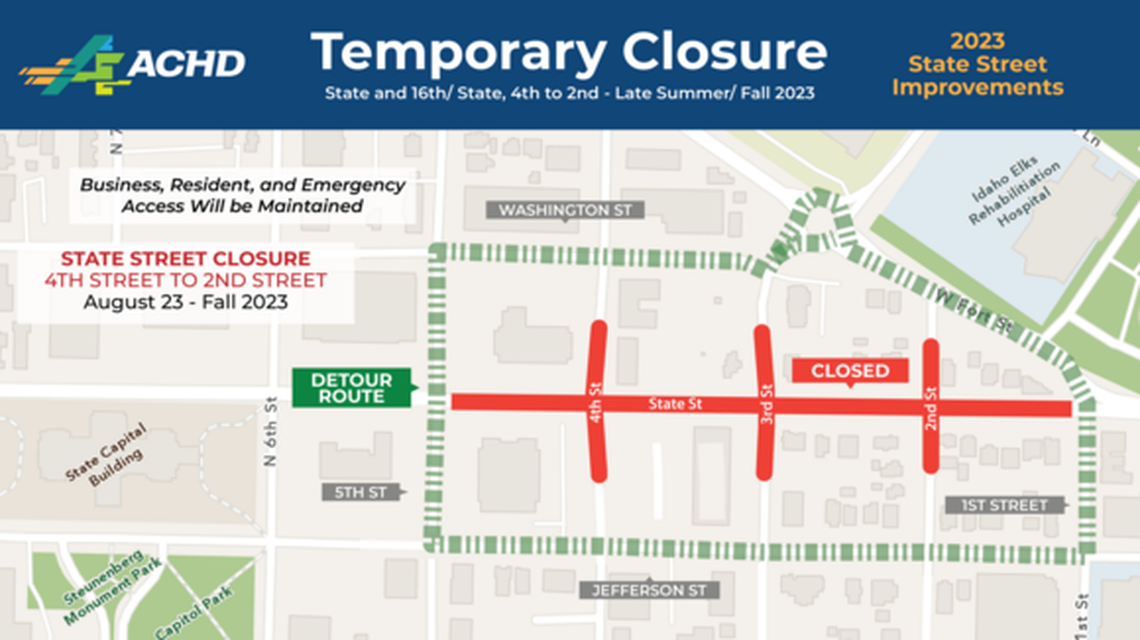 This map shows where State Street will be closed between 4th and 2nd streets in Downtown Boise beginning Wednesday. The closure is expected to last until late October.