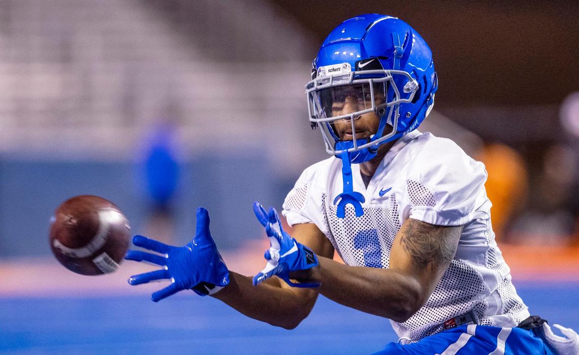 Boise State wide receiver Octavius Evans takes a pass during the first spring practice Friday, March 6, 2020 at Albertstons Stadium in Boise.