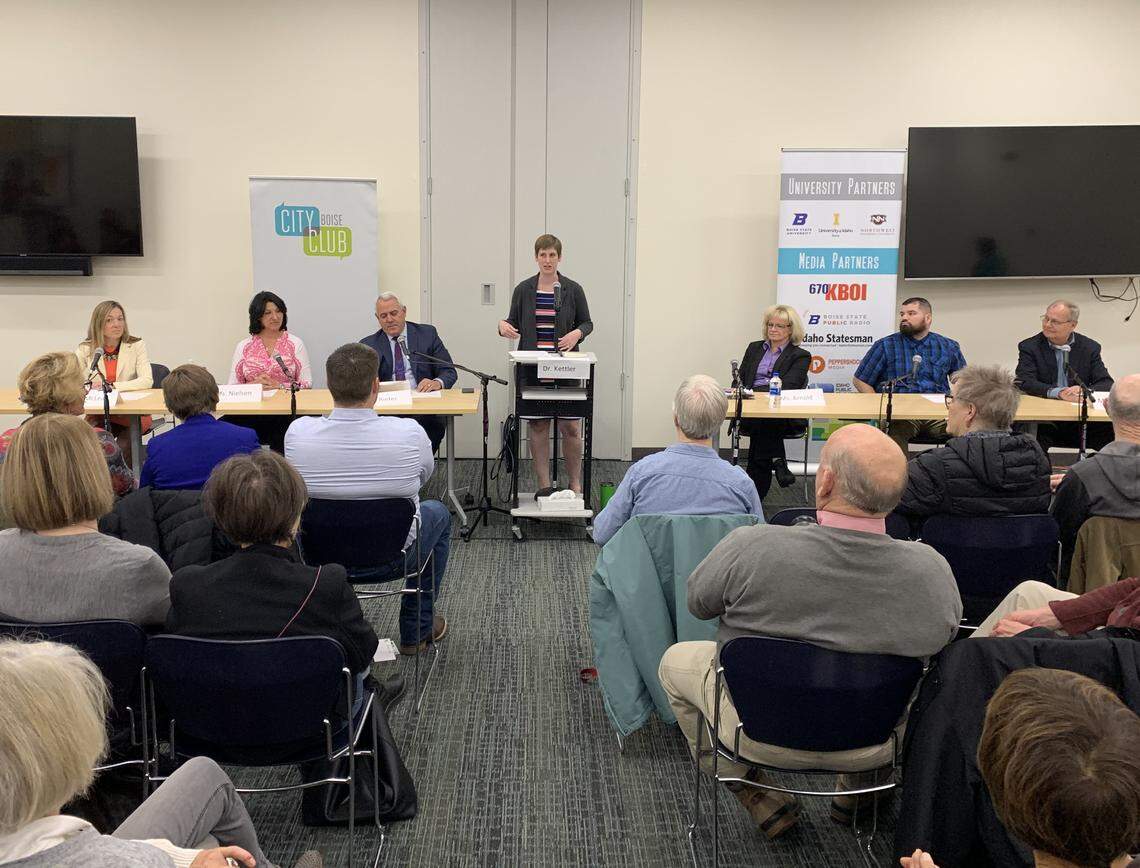 Six of the seven Boise mayoral candidates sit in front of dozens of people at a forum Thursday, Oct. 10. Candidates (from left: Lauren McLean, Cortney Nielsen, David Bieter, Rebecca Arnold, Adriel Martinez, Brent Coles) debated the library, transportation and homelessness in the city.