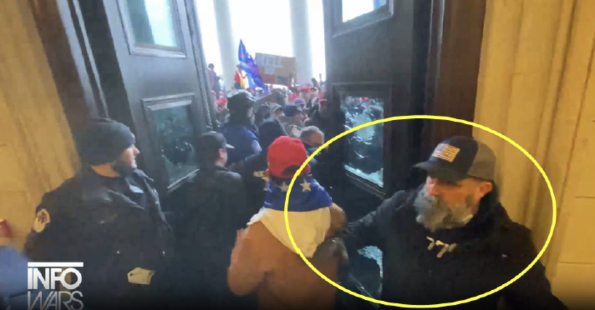 Theo Hanson is seen here after illegally entering the U.S. Capitol on Jan. 6, 2021, authorities say. His criminal case was dismissed following an order by President Donald Trump.