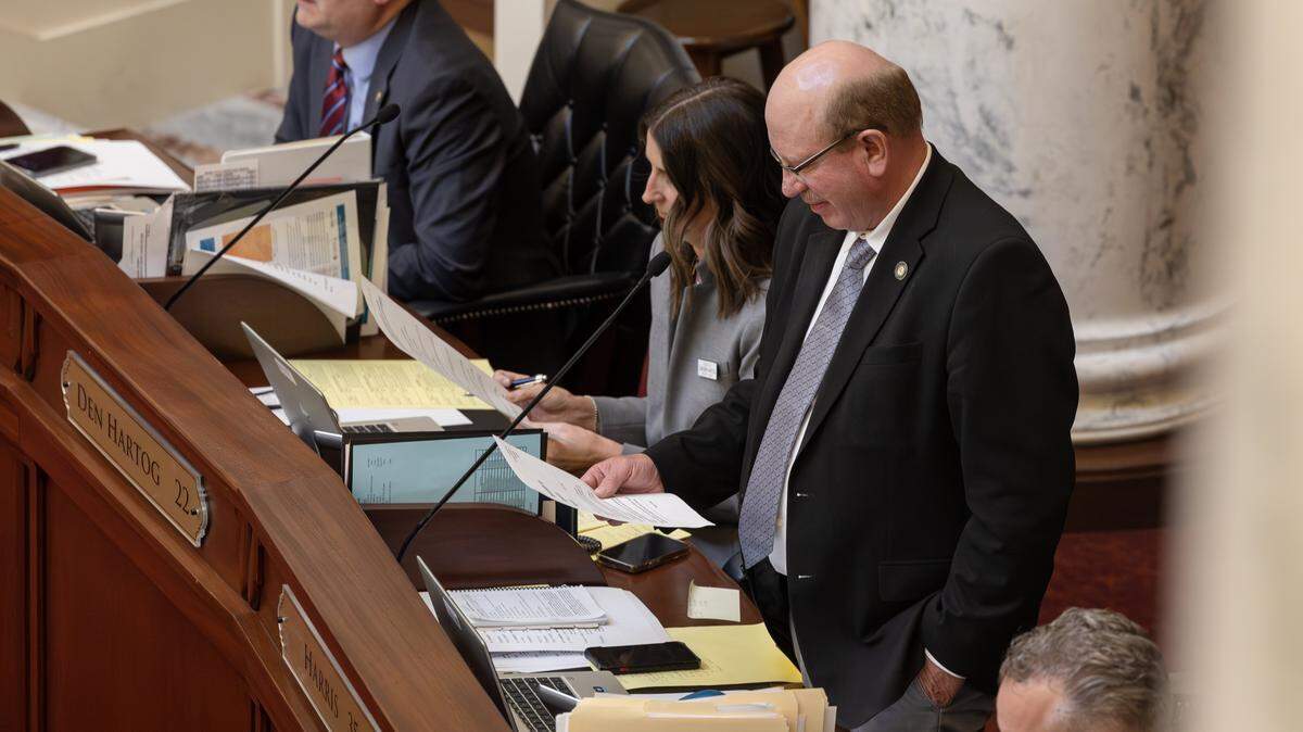 Senate Assistant Majority Leader Mark Harris, R-Soda Springs, speaks at the session at the Idaho Capitol, Thursday, April 2, 2026.