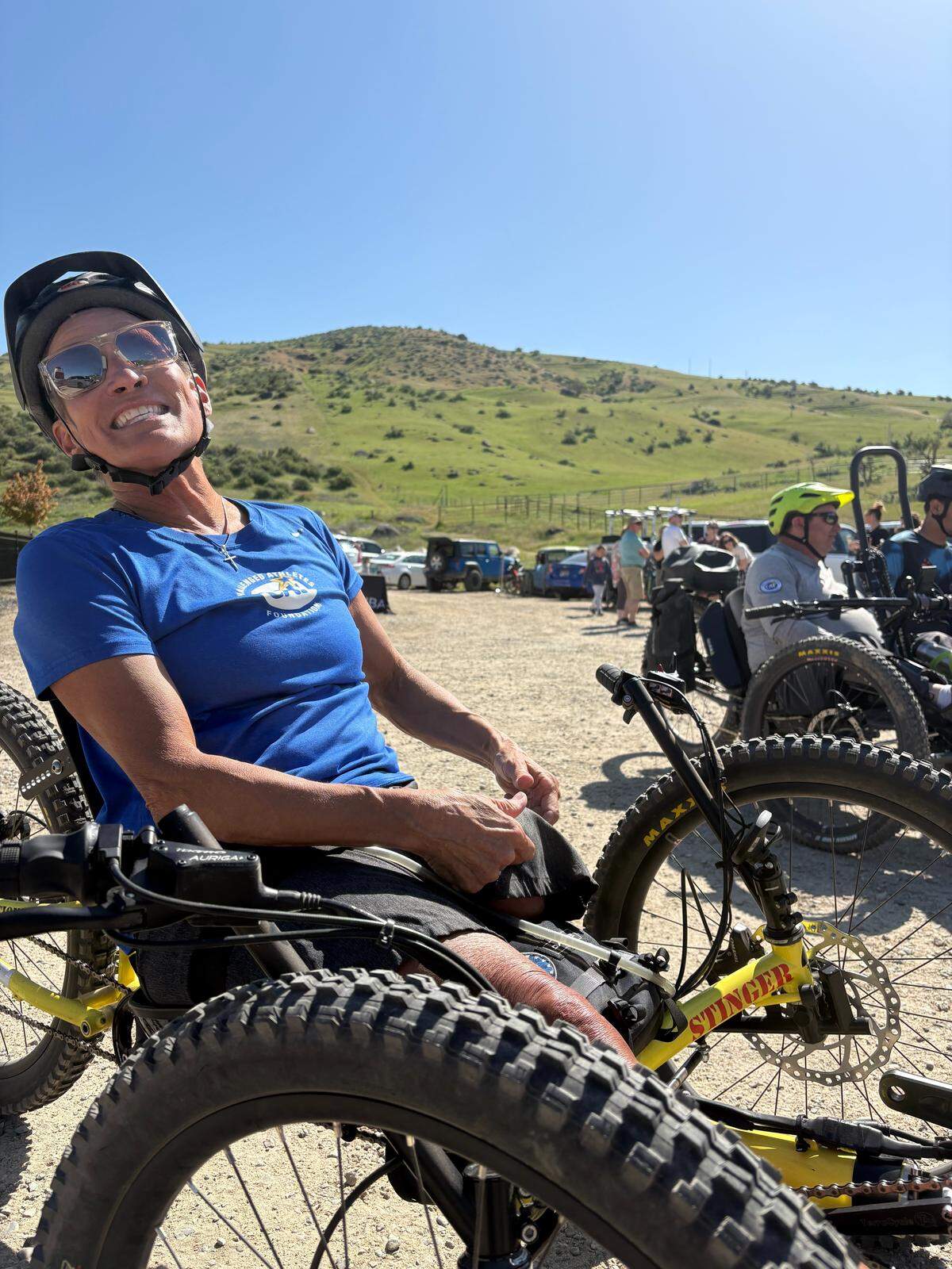 “Make sure you get the stump!” Becki Walters, director of BASE, showing off her amputated leg (and an adaptive bike courtesy of Challenged Athlete Foundation).