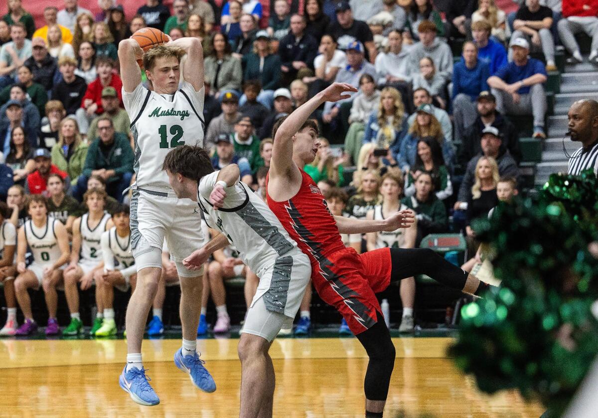 Eagle senior Andrew Palfreyman grabs a rebound in the first half Thursday.