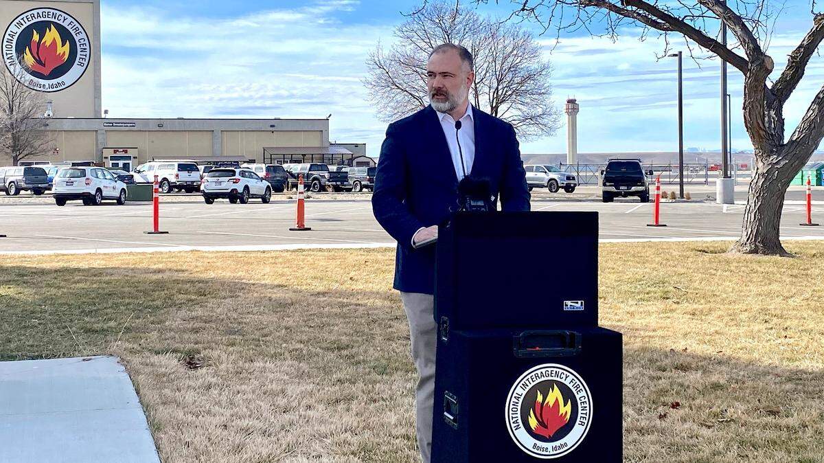 Deputy Secretary of Interior Tommy Beaudreau speaks to reporters about wildfire resource funding at the National Interagency Fire Center in Boise on Monday, March 14, 2022.