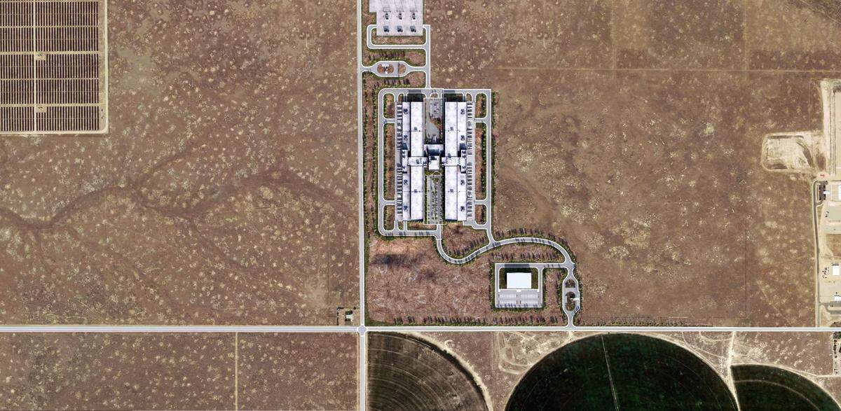 An overhead view of what Meta’s planned data center in Kuna would look like. The site has been used as irrigated cropland.