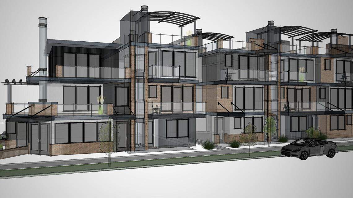 Renderings of the development show town houses designed in a modern style with multiple decks, rooftop patios and garages that can be accessed from the alley behind the buildings.