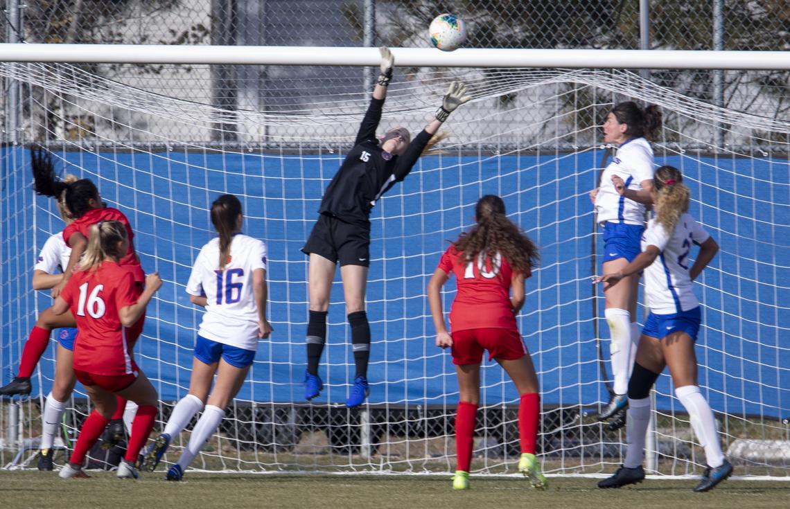 Boise State goalie Sydney Smith deflects the ball past the goal in the Mountain West championship game against San Diego State. Smith and the Broncos posted a shutout, her 13th of the season.